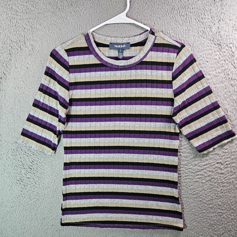Mod Cloth Tee Top Women Small Stretch Glitter Purple Black Gray Striped